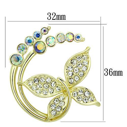 LO2861 Flash Gold White Metal Brooch featuring a top-grade Aurora Borealis crystal, showcasing a rainbow effect.